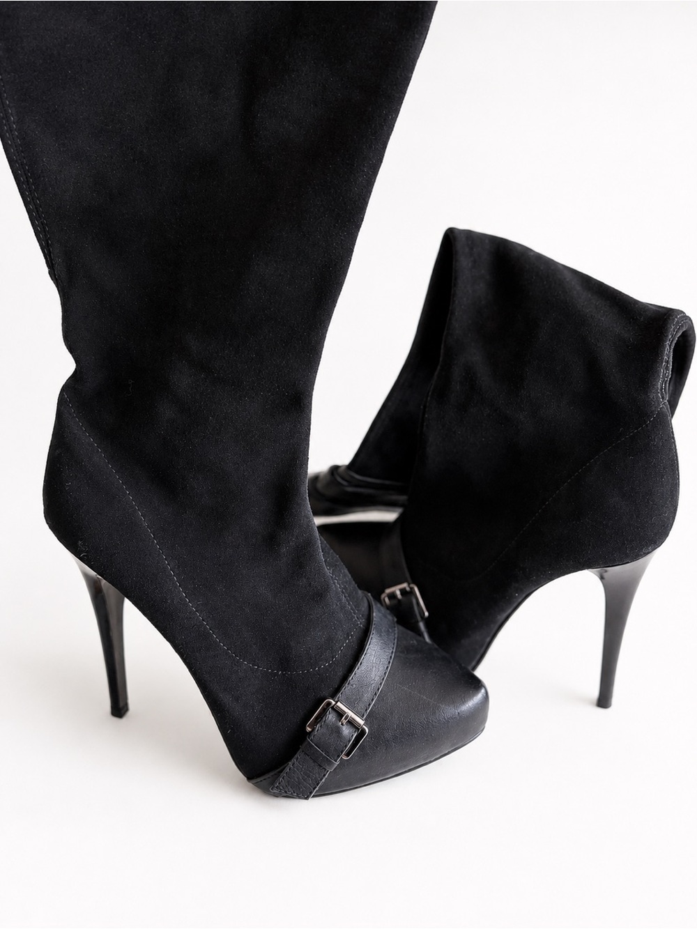 Black Suede Stiletto Knee High Boots ✨ Wide Calf/Wide Top | Buckle Detail Heels